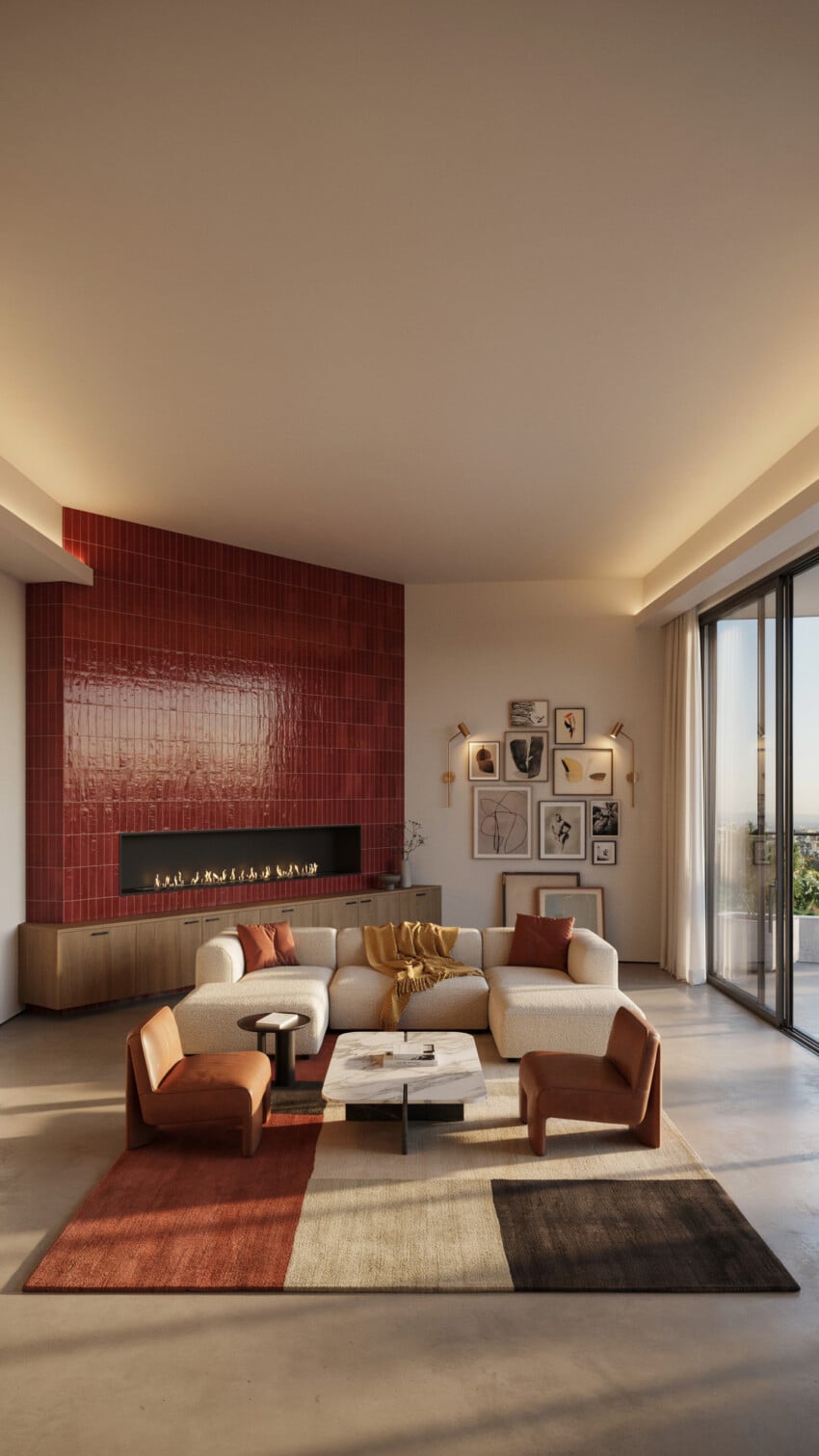 Small Living Room With Red Tile Fireplace Wall
