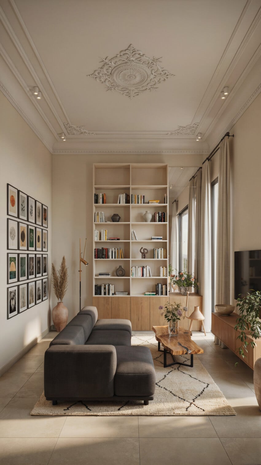 Gallery Print Accent Wall with Charcoal Sectional and Live-Edge Coffee Table