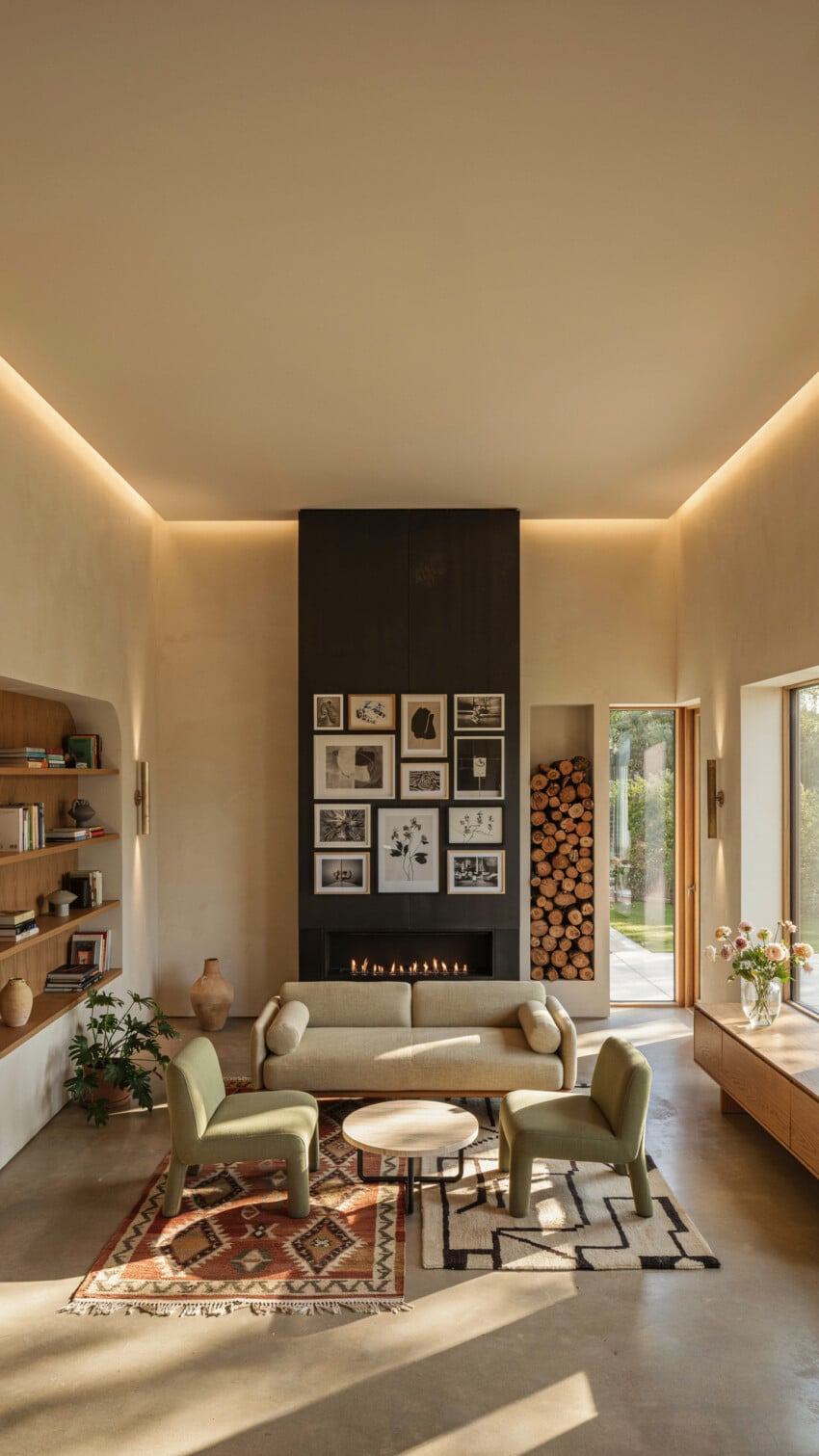 Small Living Room With Dark Fireplace Wall