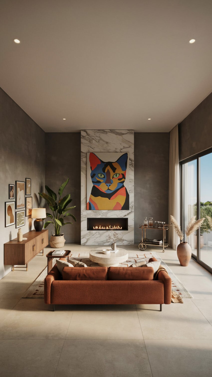 Cubist Cat Portrait Above Fireplace