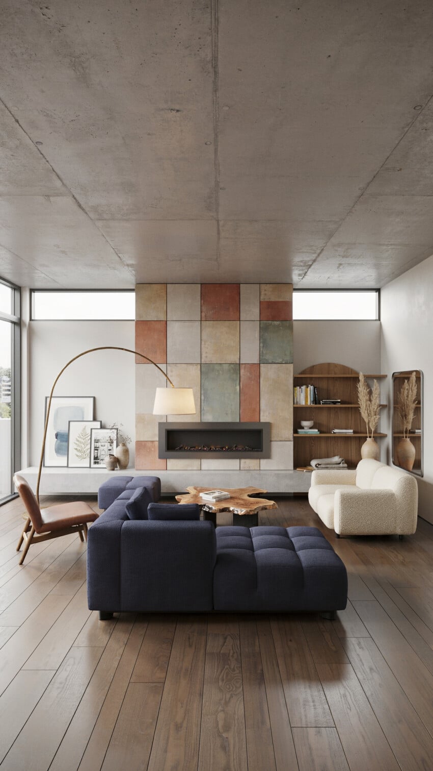 Small Living Room With Patchwork Tile Fireplace Wall