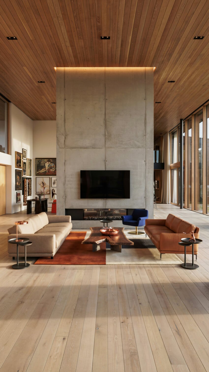 Concrete Accent Wall with Live-Edge Coffee Table and Mixed Seating