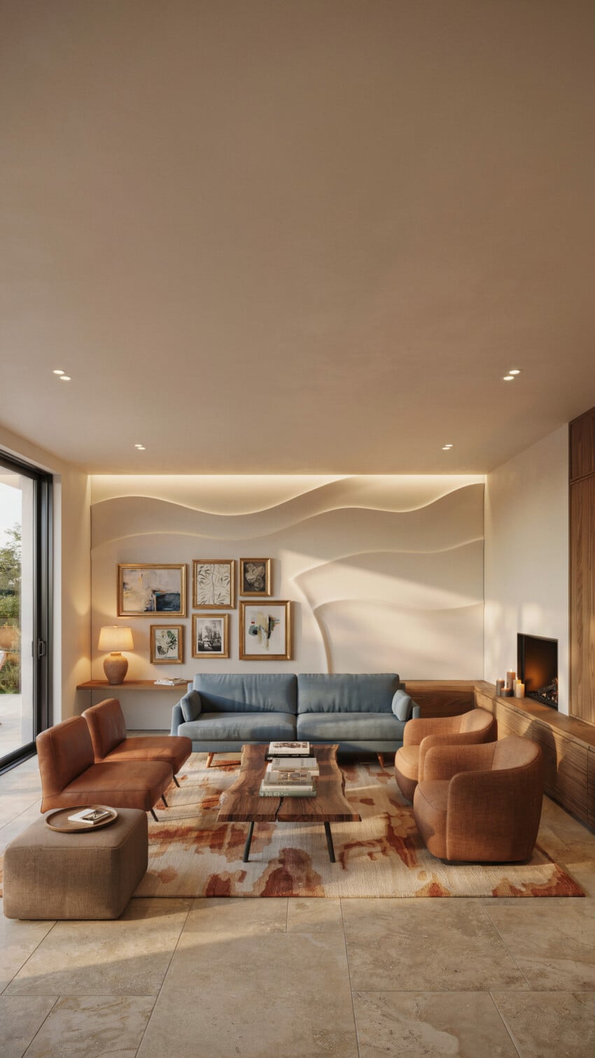 Wave Relief Accent Wall with Blue Sofa and Cognac Velvet Seating