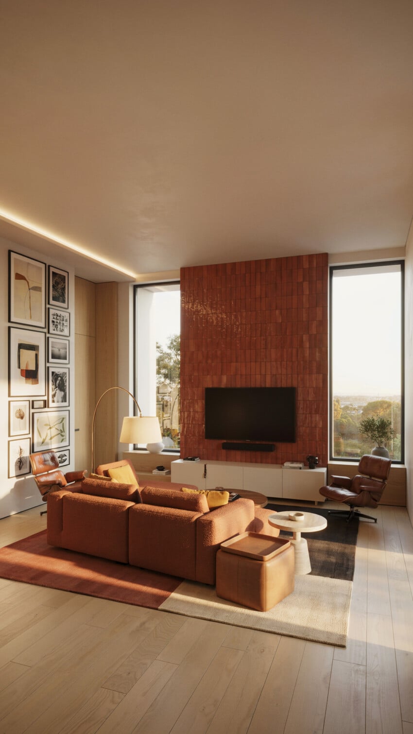 Terracotta Tile Accent Wall with Boucle Sectional and Cove Lighting