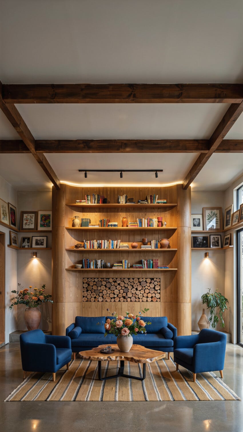 Built-In Oak Bookcase Accent Wall with Navy Seating and Live-Edge Coffee Table