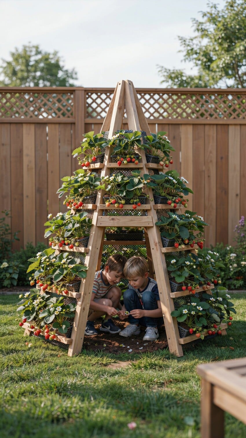 DIY Teepee Shaped Strawberry Planter Doubles as a Secret Hideout for Kids