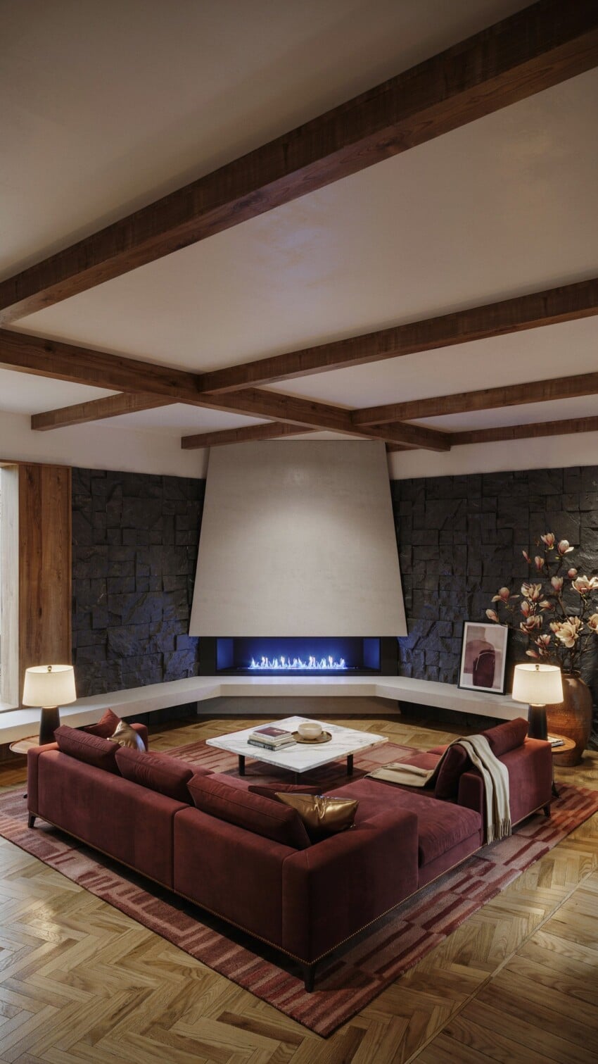 Corner Fireplace Design with Dark Charcoal Stacked Stone Surround