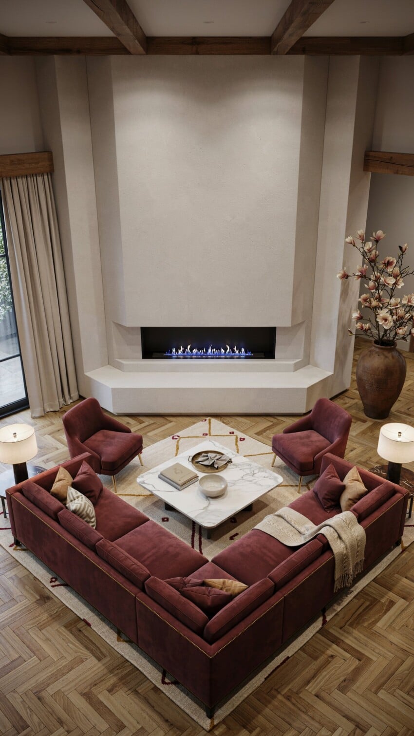 Corner Fireplace Design with Smooth Warm Greige Plaster Surround