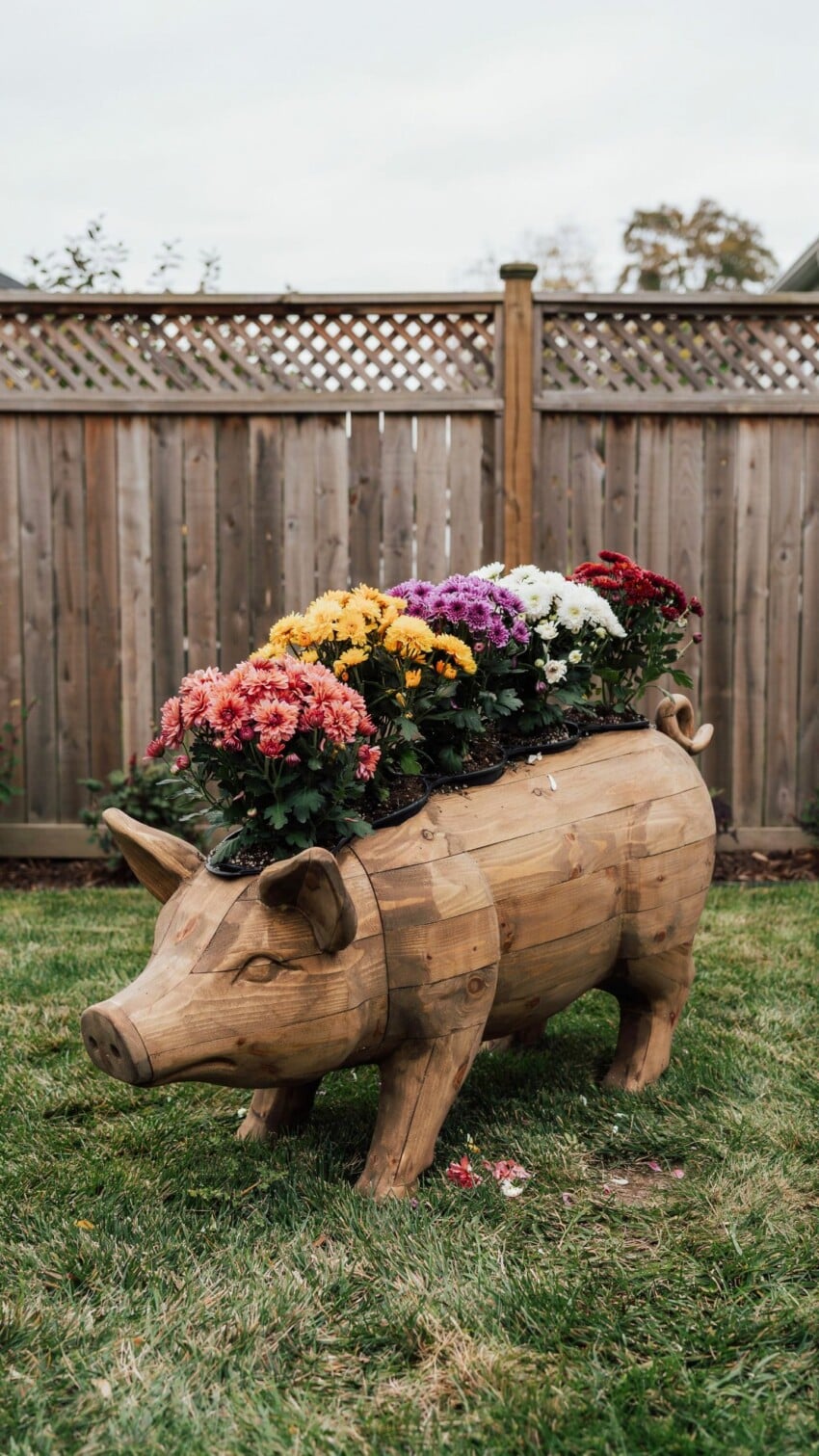 Pig Shaped Wood Planter for Kids