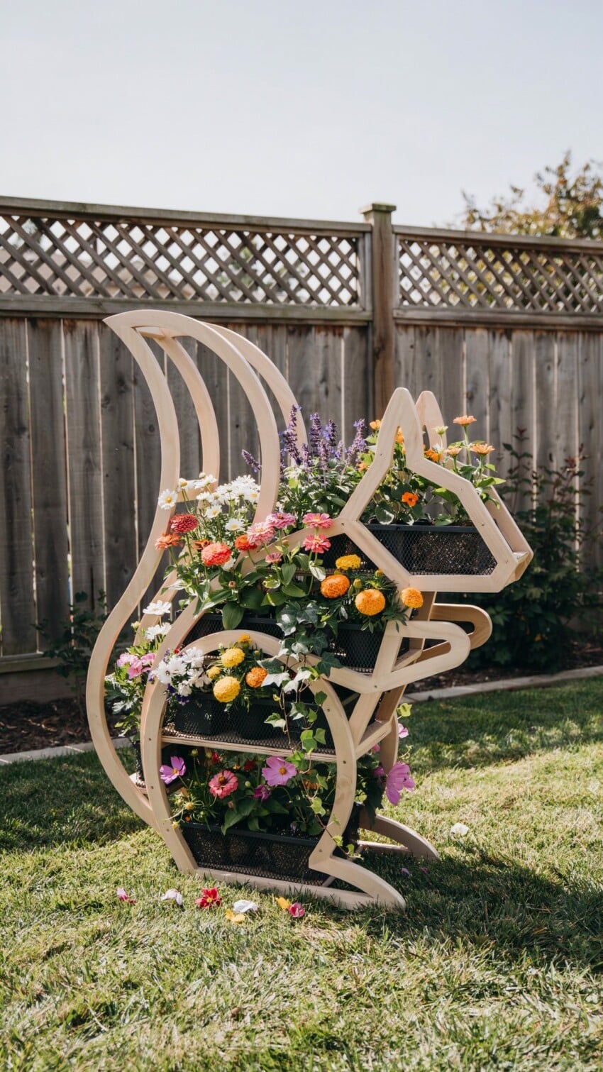 DIY Squirrel Shaped Wood Planter Overflowing with Wildflowers for Kids