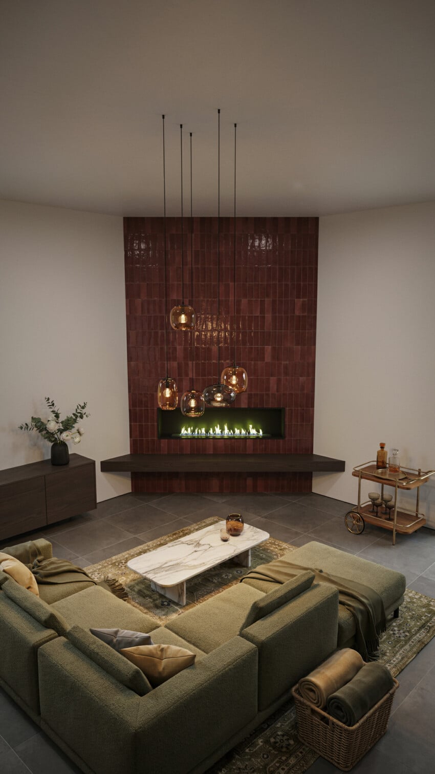 Corner Fireplace Design with Bordeaux Zellige Tile