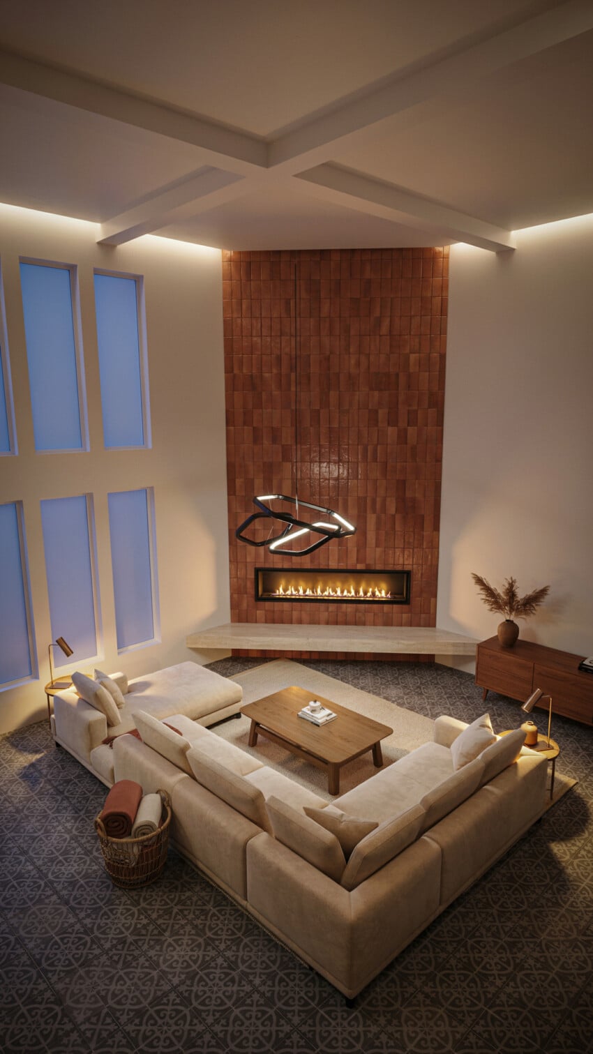 Corner Fireplace Design with Terracotta Zellige Tile