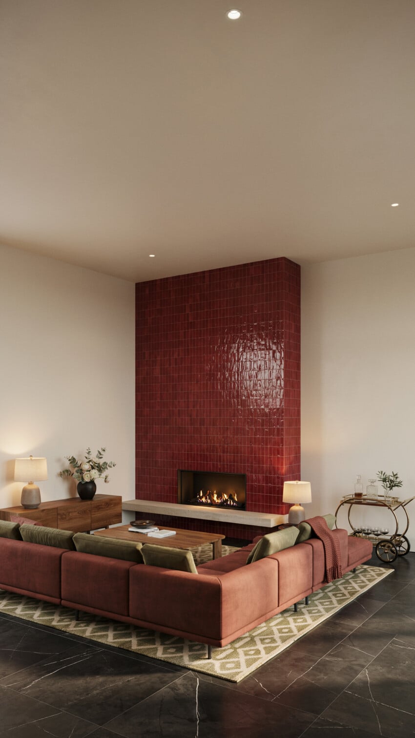 Corner Fireplace Design with Glossy Crimson Red Zellige Tile