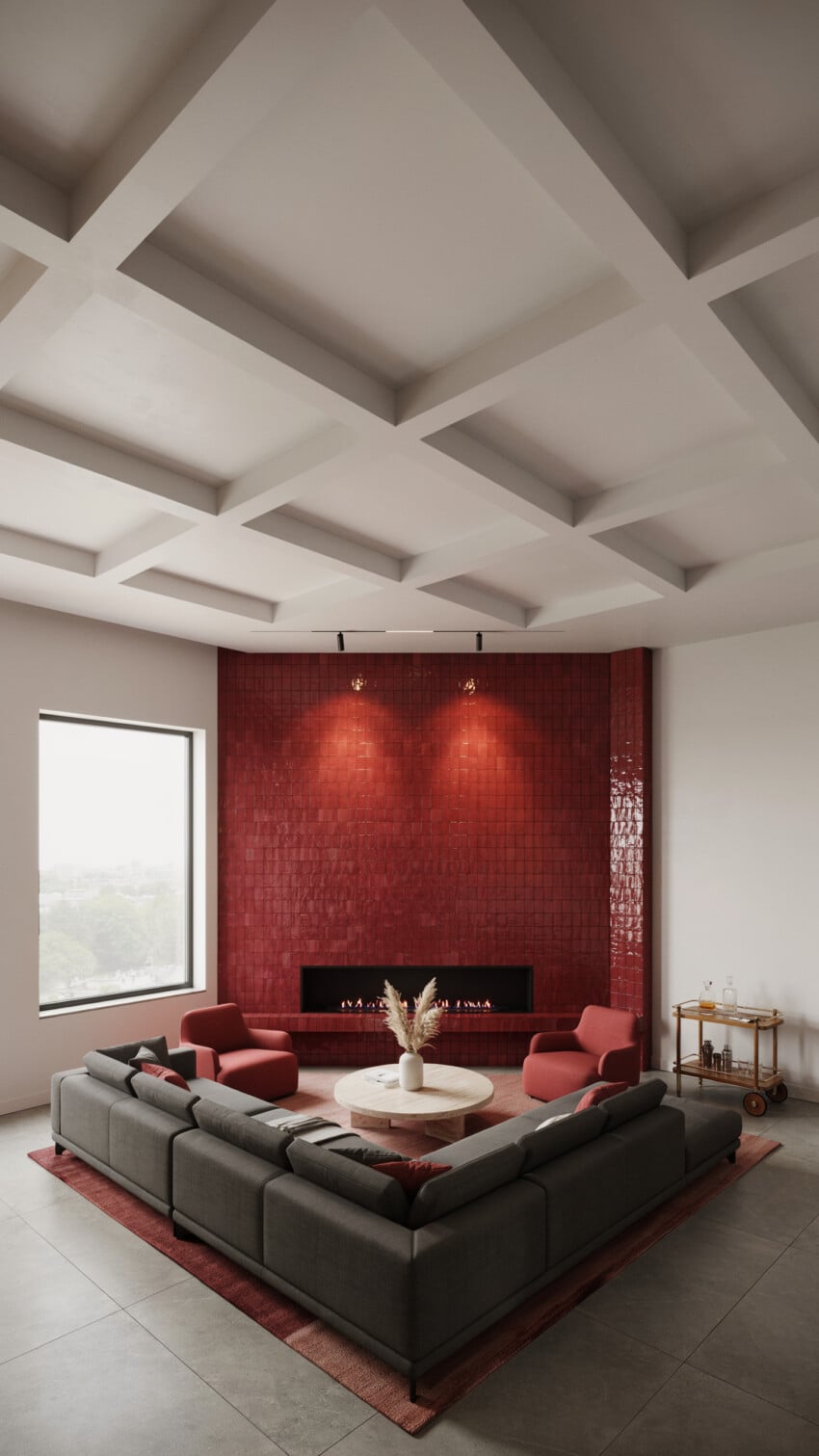 Corner Fireplace Design with Palace Red Zellige Tile
