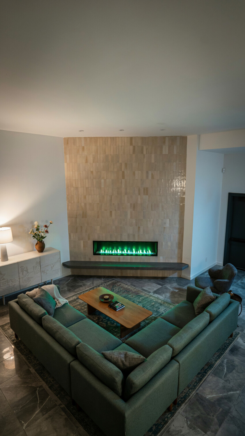 Corner Fireplace Design with Warm Beige Zellige Tile