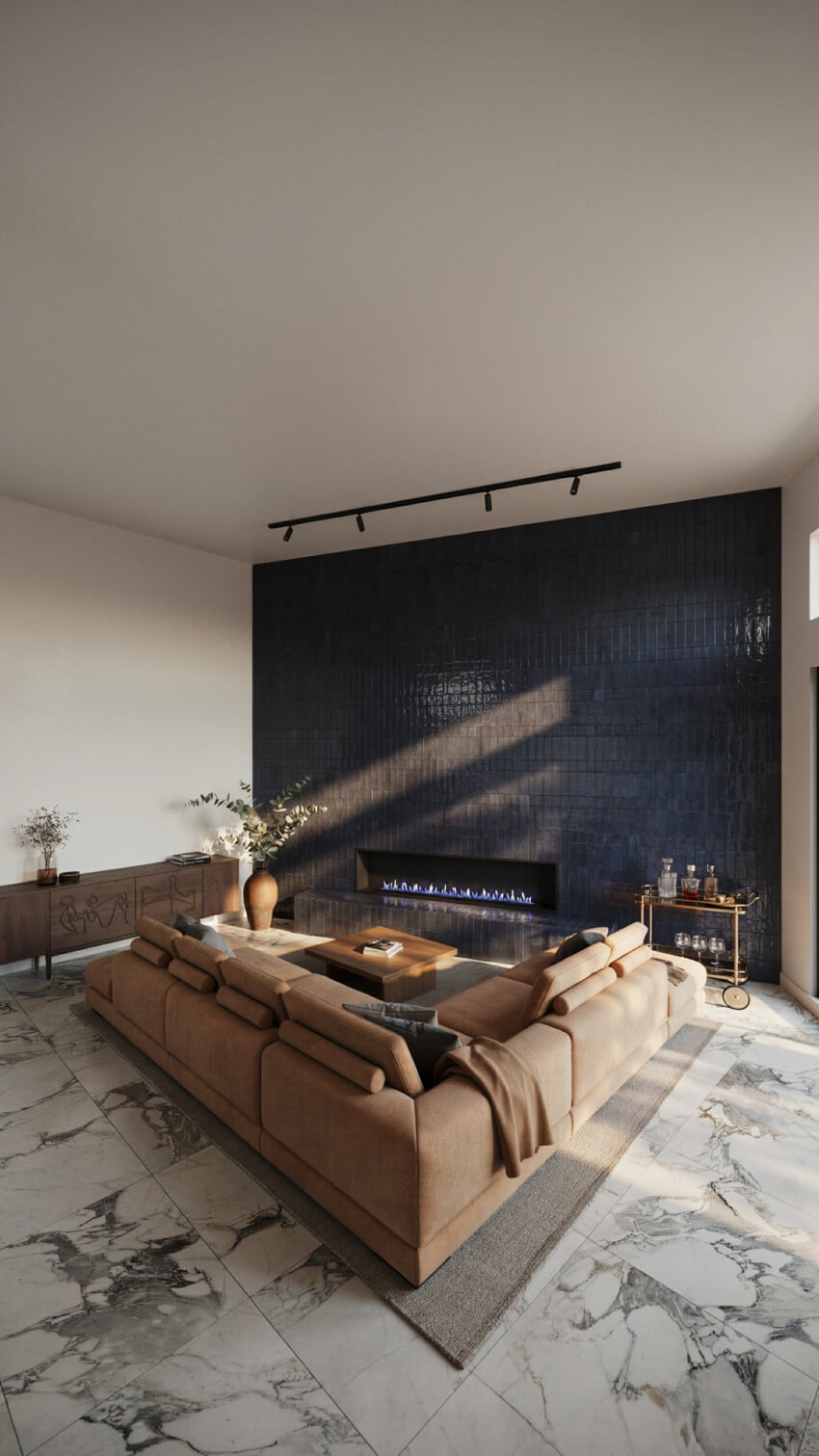 Corner Fireplace Design with Deep Navy Zellige Tile