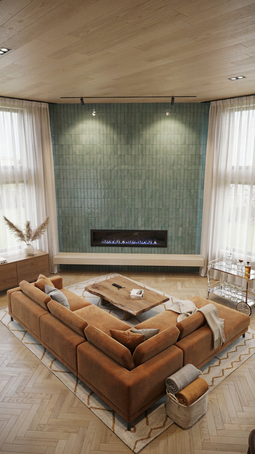 Corner Fireplace Design with Sage Green Zellige Tile