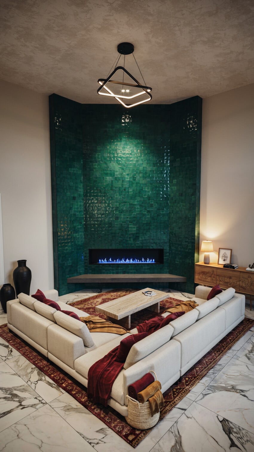 Corner Fireplace Design with Deep Forest Green Zellige Tile