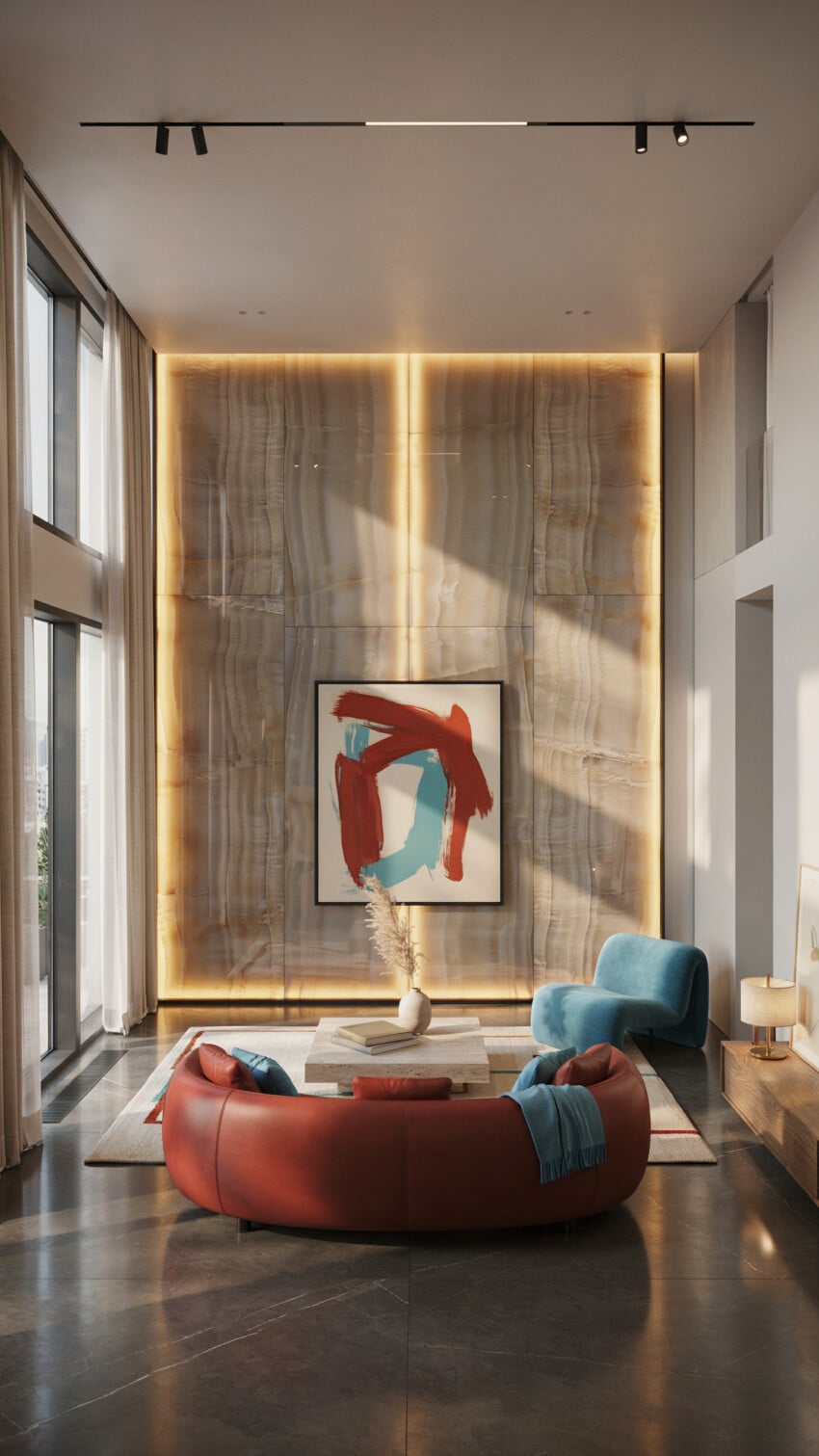Backlit Onyx Accent Wall with Curved Red Leather Sofa and Teal Chair