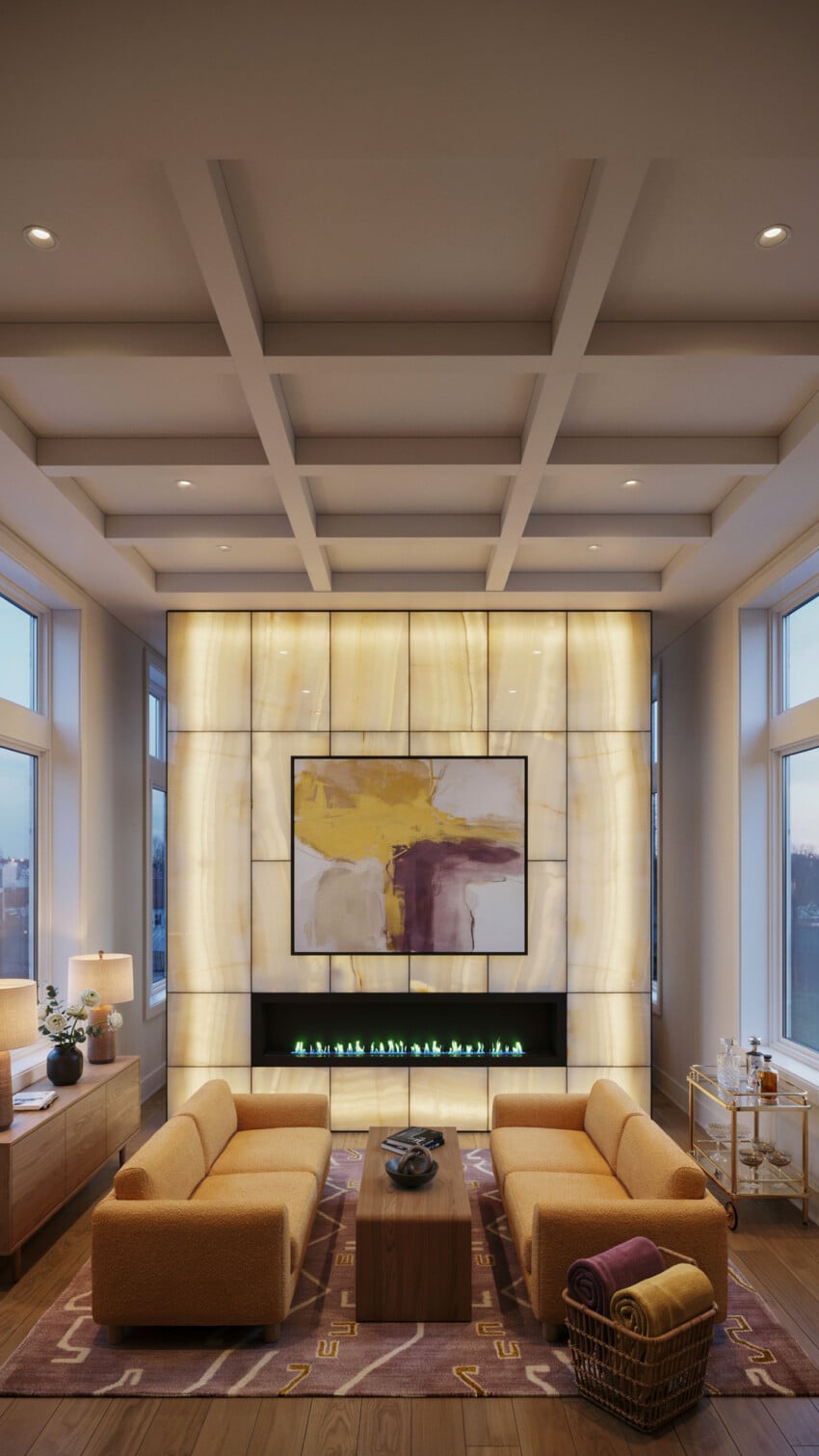 Backlit Onyx Accent Wall with Boucle Seating and Abstract Art