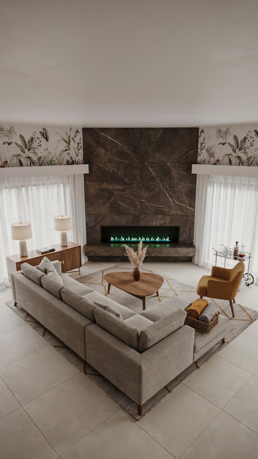 Corner Fireplace Design with Chocolate Brown Marble-Look Tile Wall