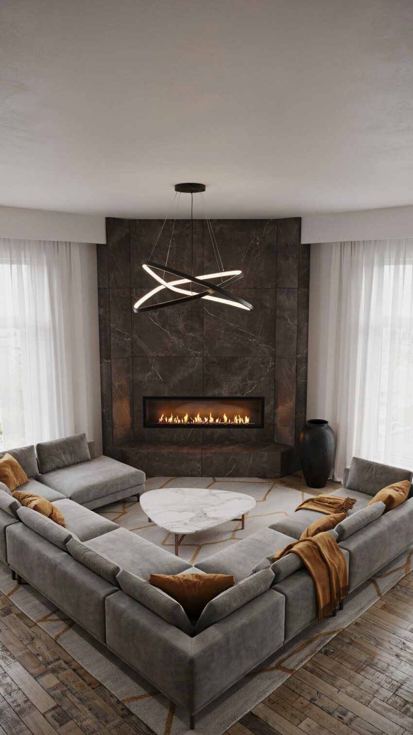 Corner Fireplace Design with Black-Veined Chocolate Brown Marble-Look Tile