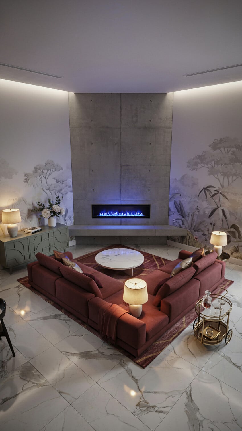 Corner Fireplace Design with Raw Grey Board-Formed Concrete Wall