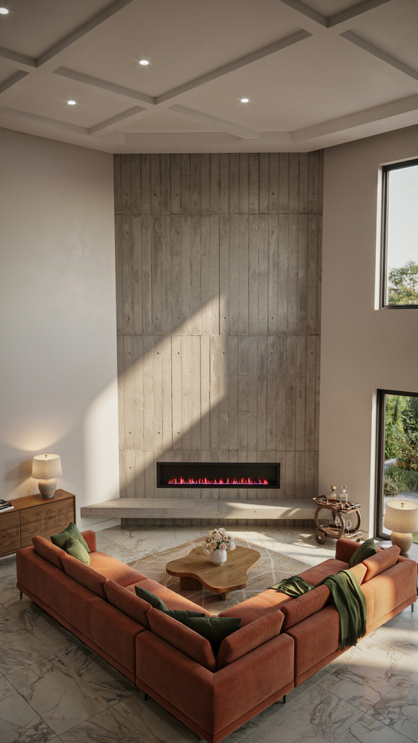 Corner Fireplace Design with Weathered Grey Board-Formed Concrete Wall