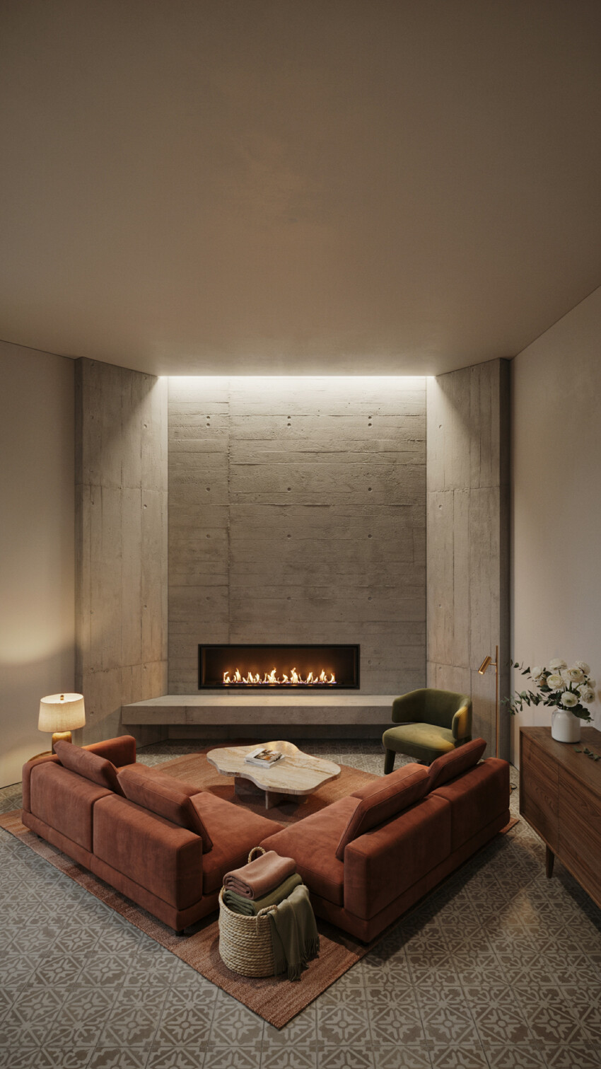 Corner Fireplace Design with Board-Formed Concrete Wall