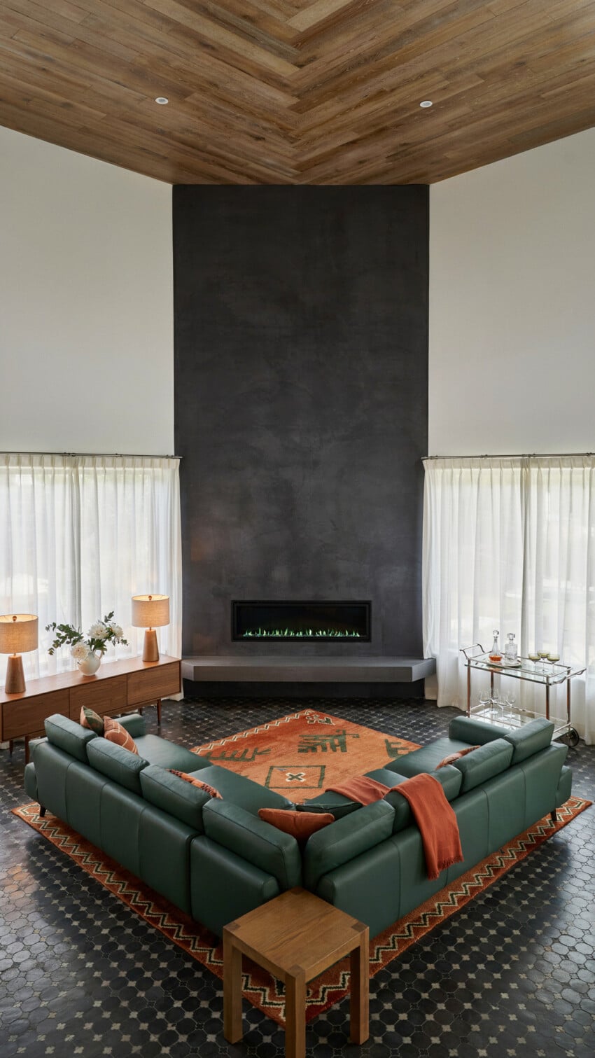 Corner Fireplace Design with Charcoal Microcement Wall