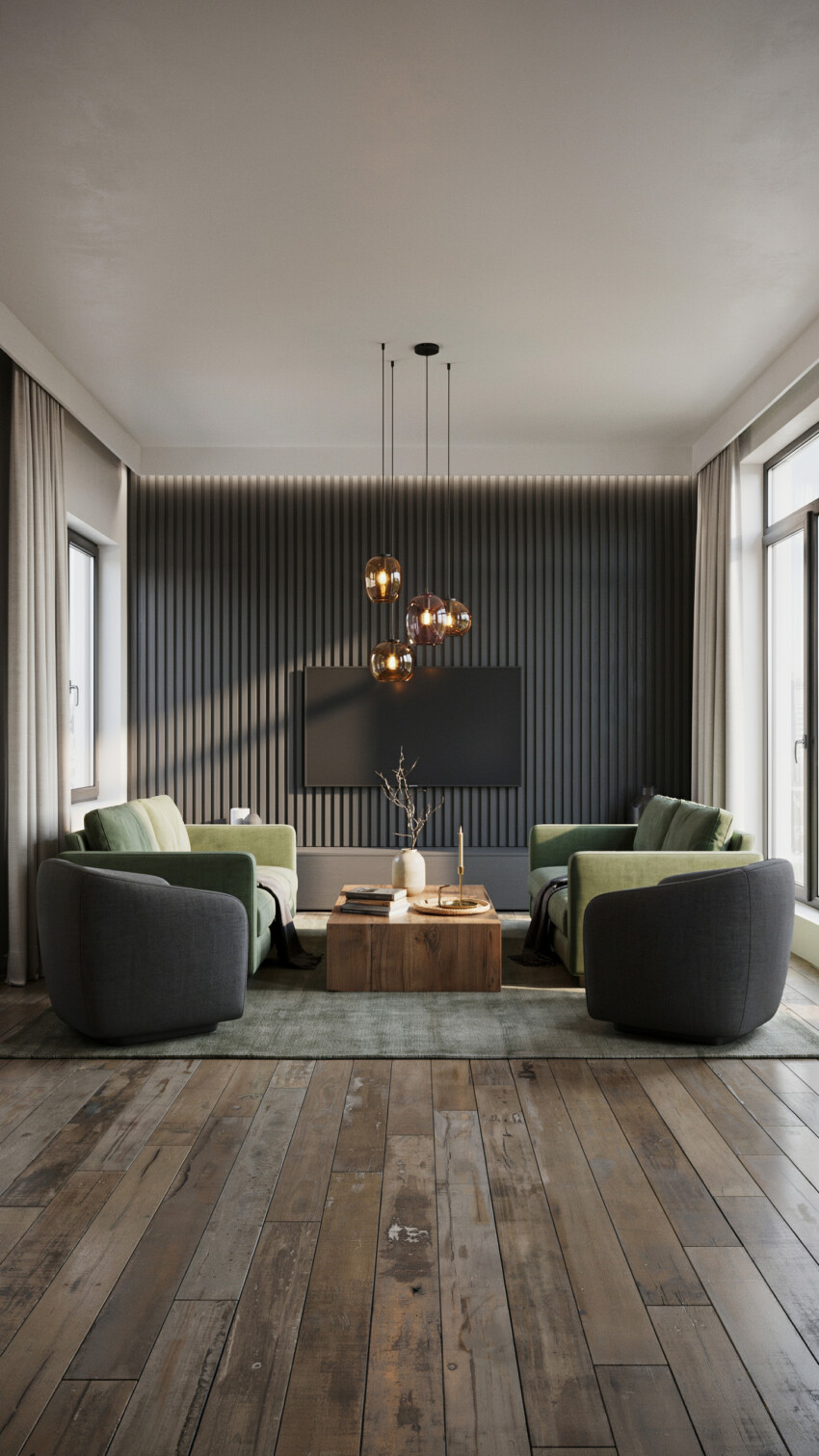 Dark Slat Wall in a Small Living Room