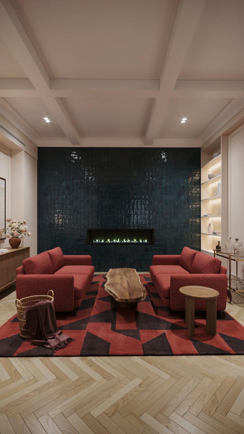 Small Living Room With Teal Zellige Fireplace Wall