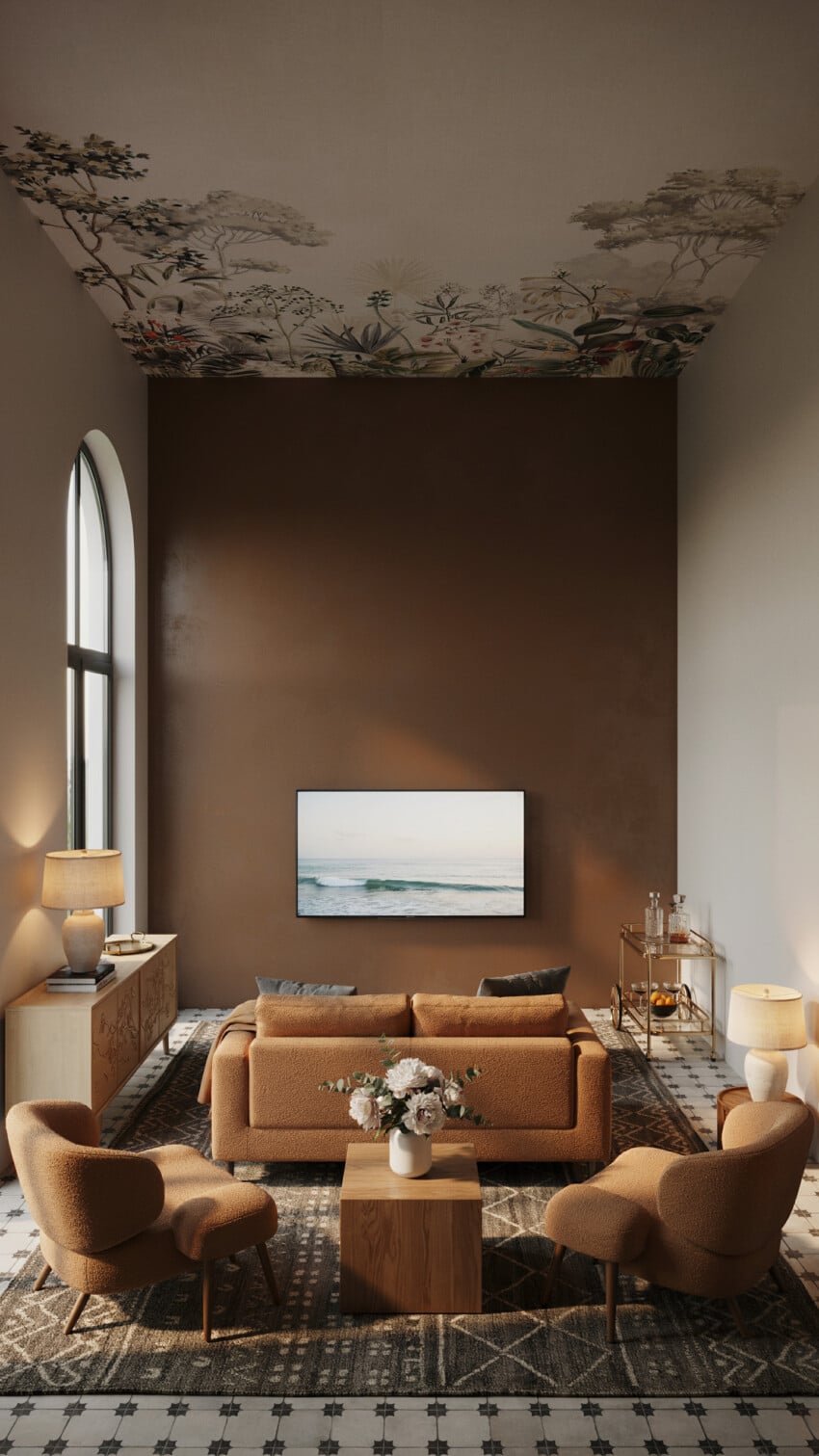 Burnt Sienna Plaster Accent Wall with Boucle Seating and Botanical Ceiling Mural