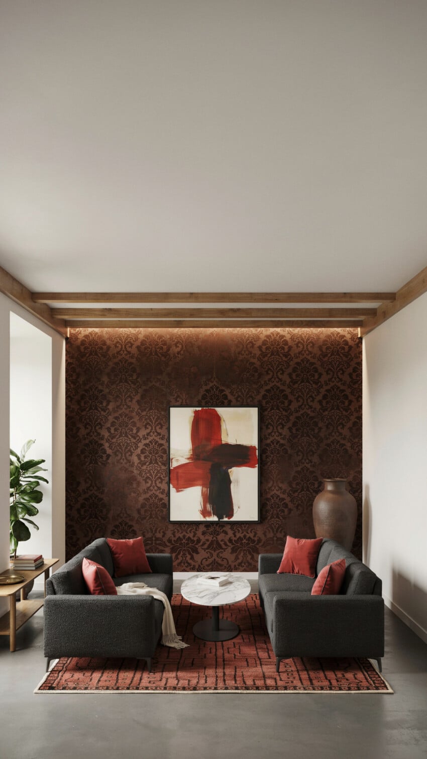 Small Living Room With Damask Accent Wall