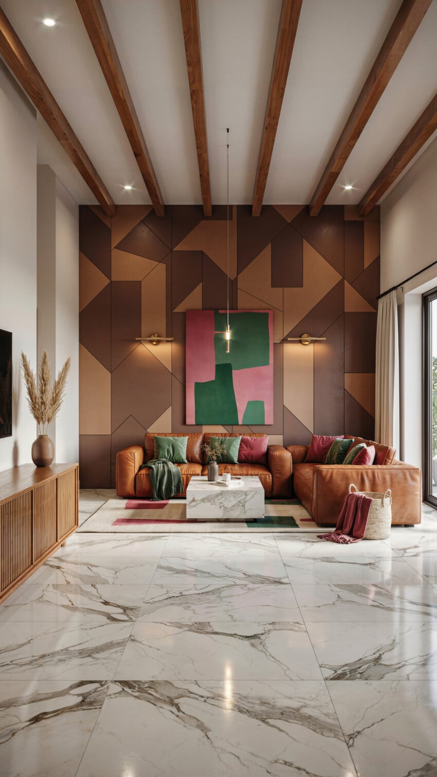 Geometric Panel Accent Wall with Cognac Leather Sectional and Marble Floor