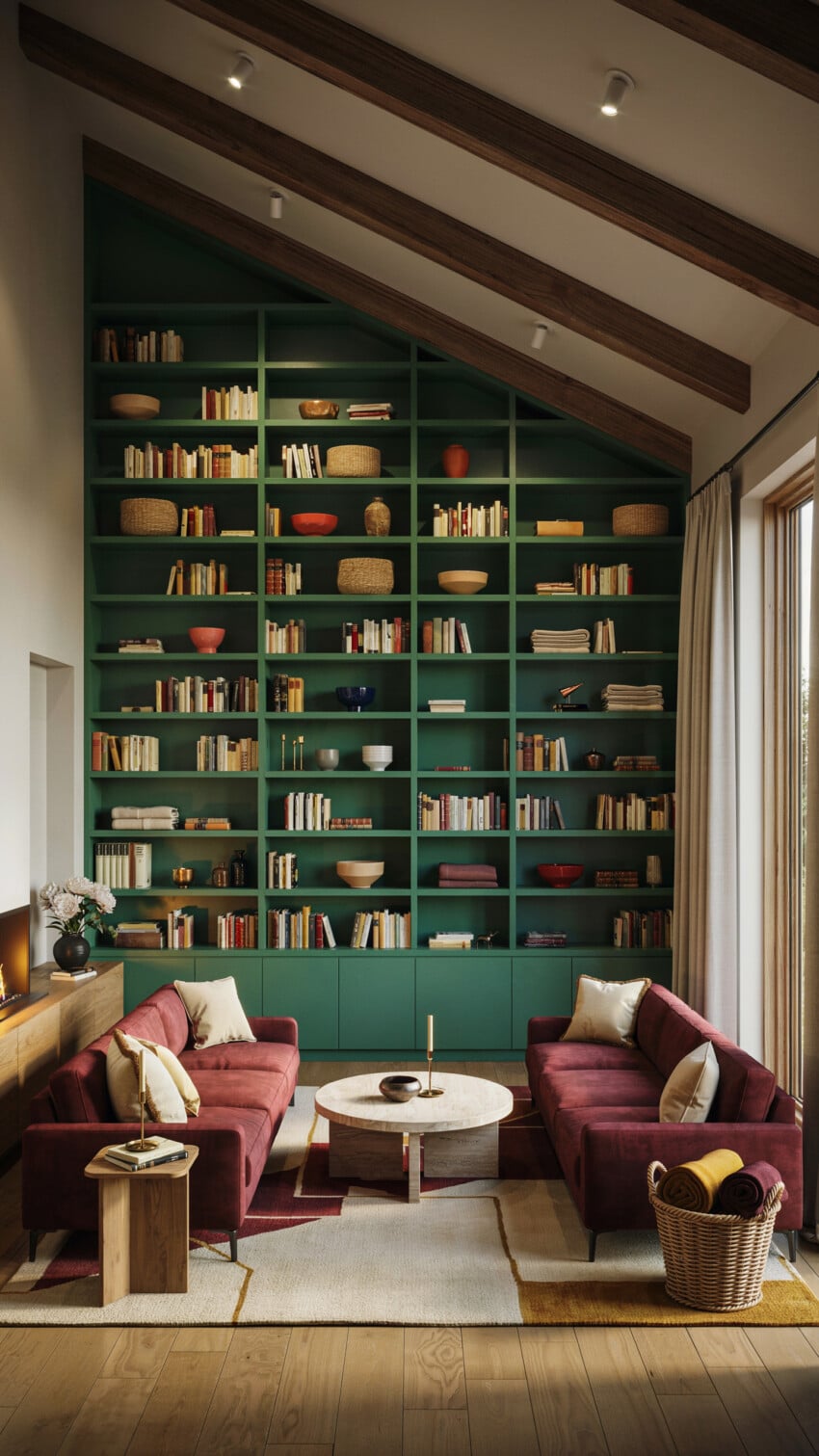 Floor-to-Ceiling Green Built-In Bookcase with Rose Velvet Sofas and Travertine Coffee Table