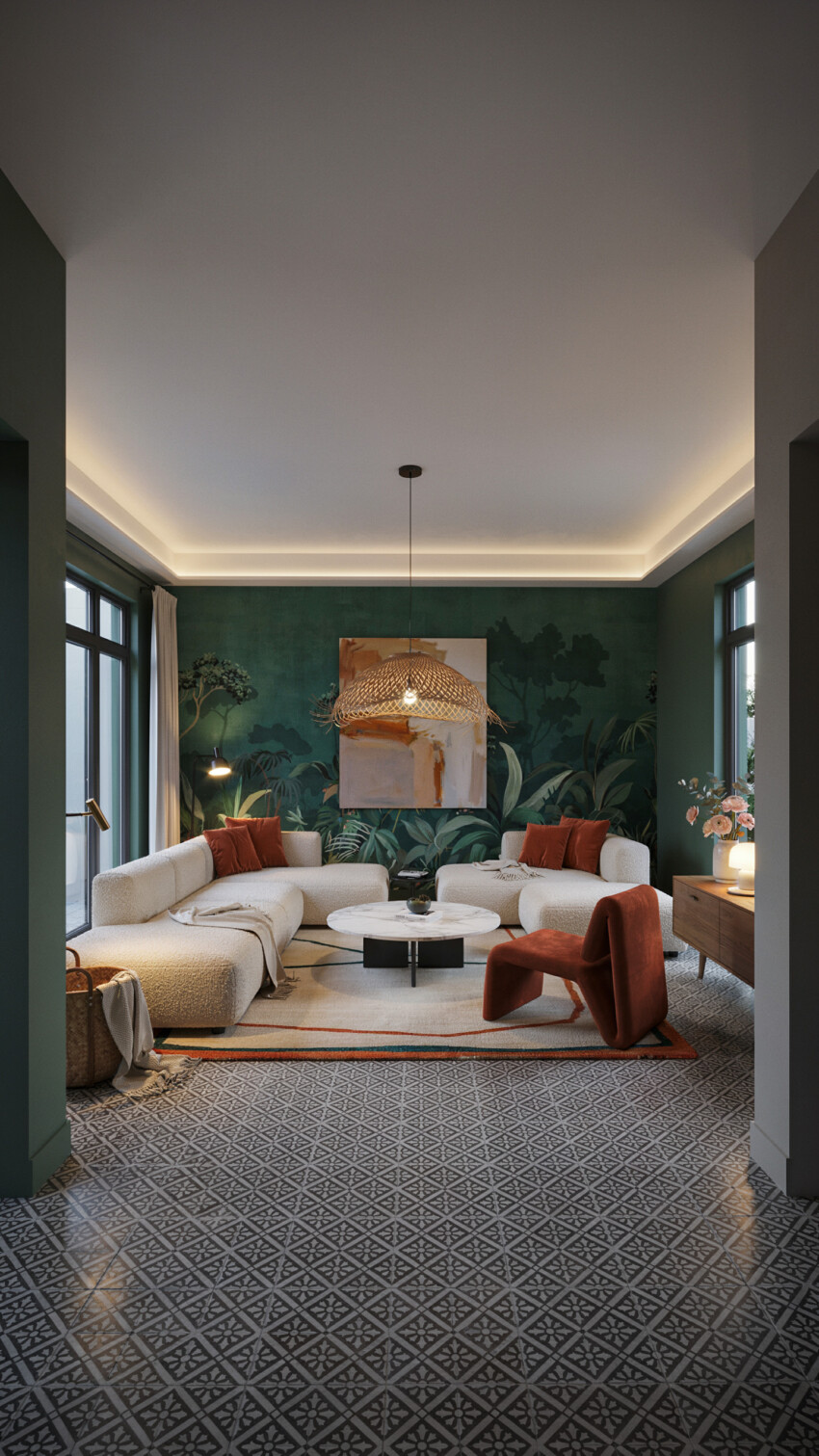 Small Living Room with Tropical Mural Wall