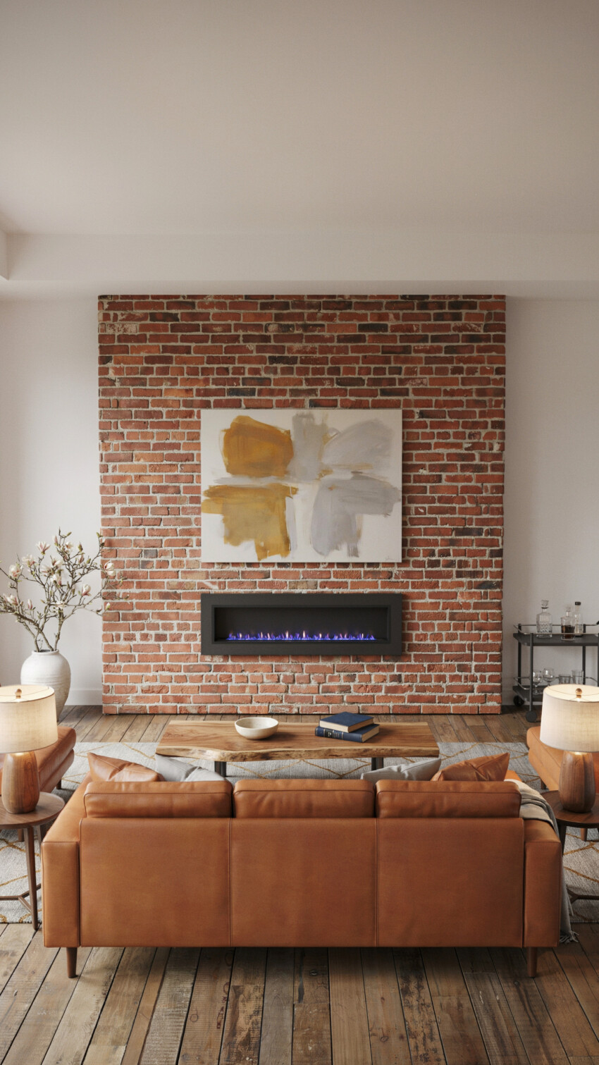 Small Living Room With Exposed Brick Fireplace Wall