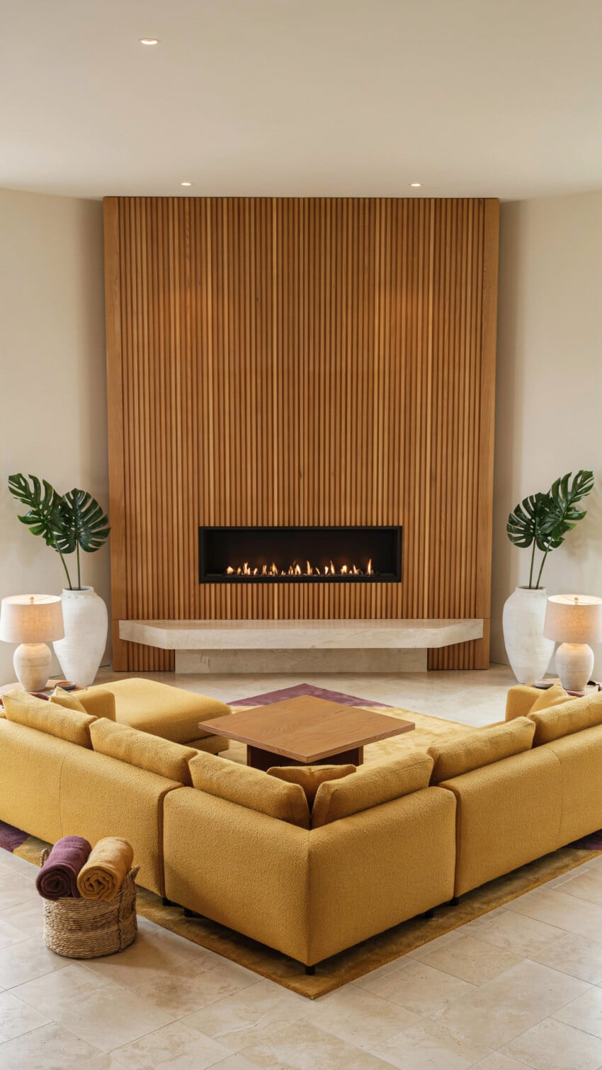 Corner Fireplace Design with Vertical Wood-Slat Panel Wall