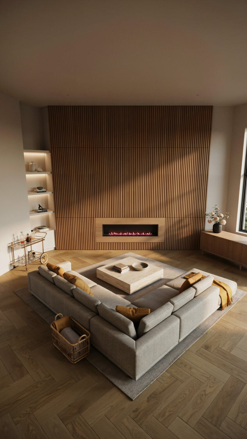 Corner Fireplace Design with Full-Height Vertical Wood-Slat Wall