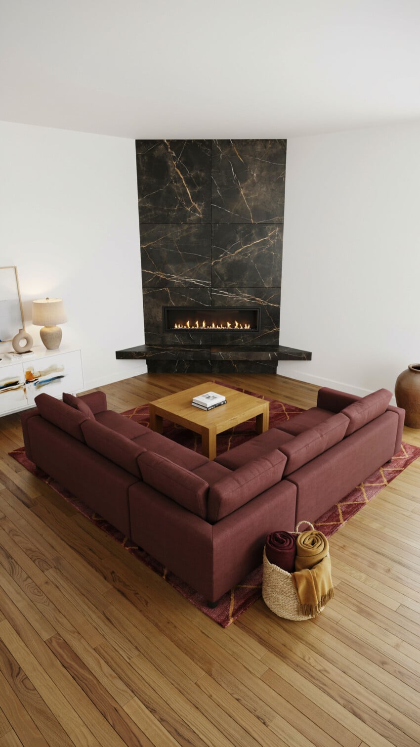 Corner Fireplace Design with Gold-Veined Black Marble-Look Tile