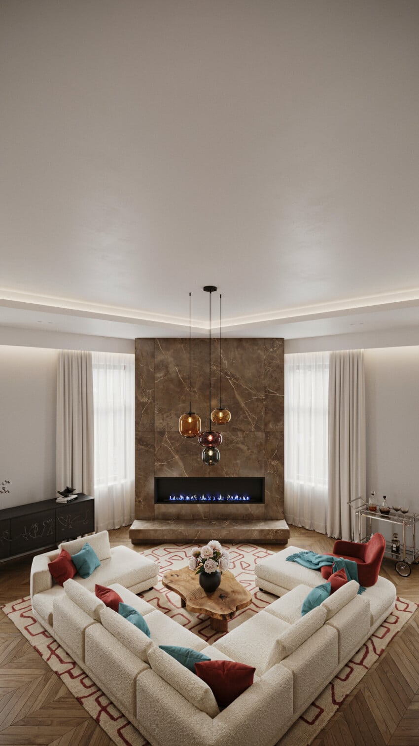 Corner Fireplace Design with Gold-Veined Chocolate Brown Marble-Look Tile Wall