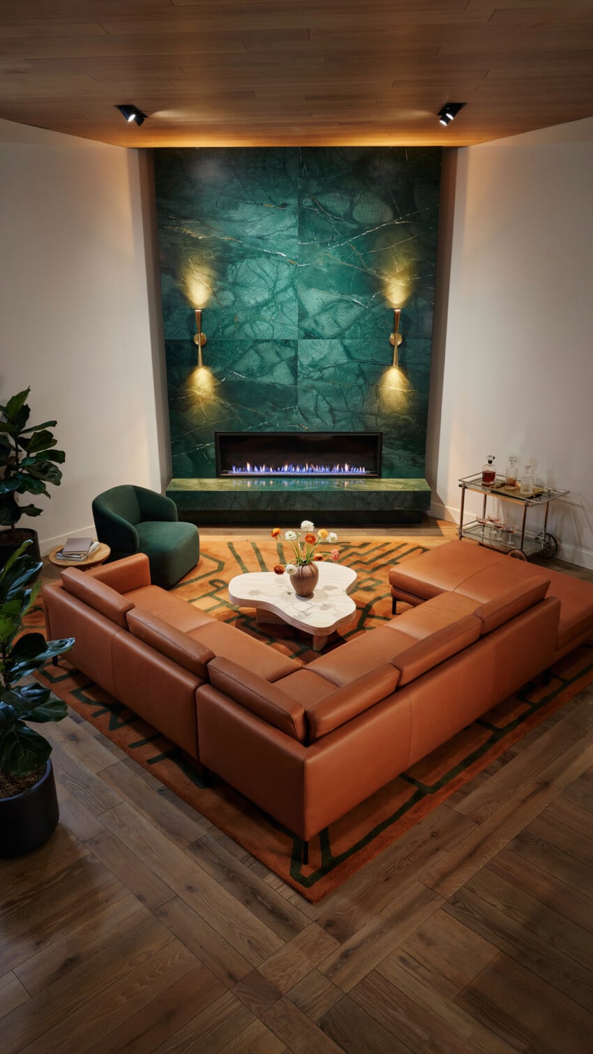 Corner Fireplace Design with Gold-Veined Deep Green Marble-Look Tile