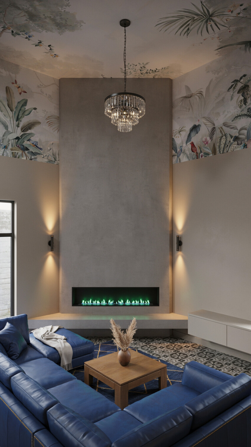 Corner Fireplace Design with Greige Microcement