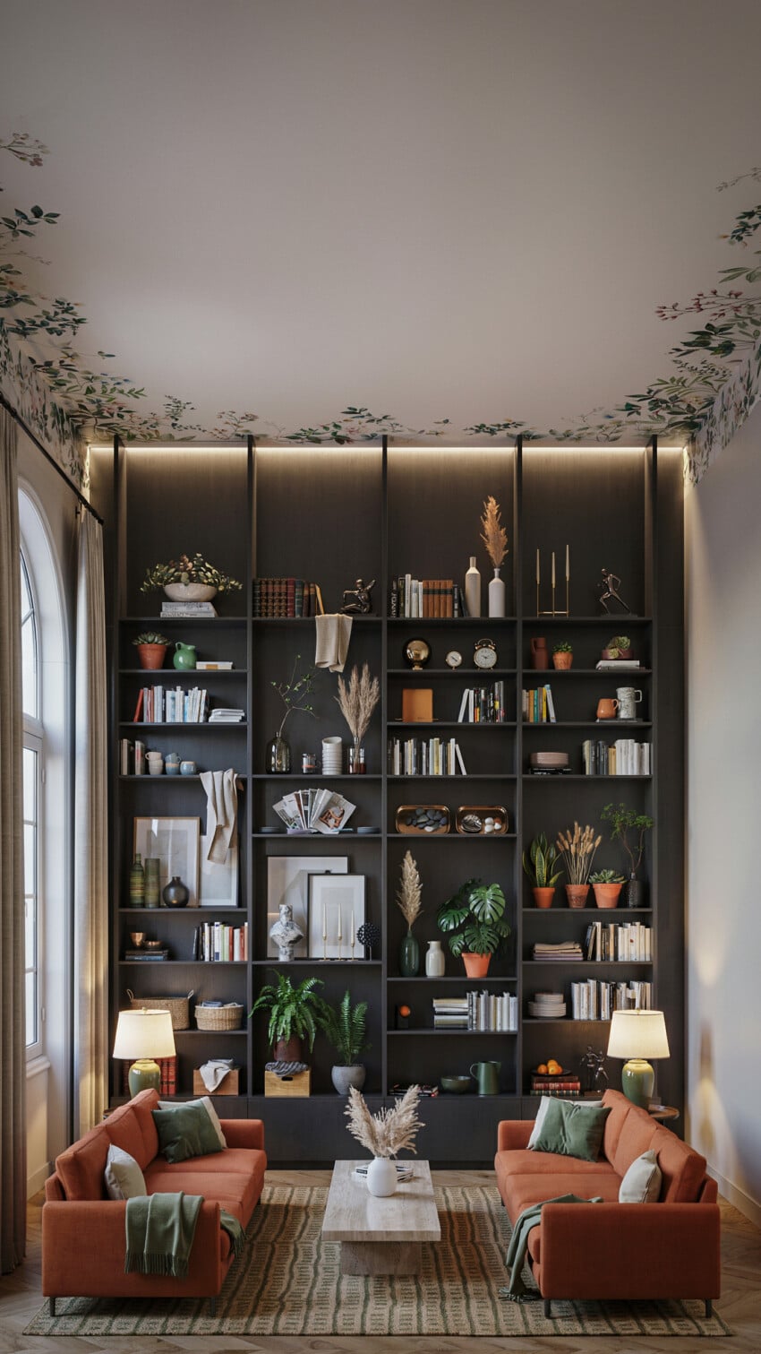Dark Charcoal Built-In Bookcase Accent Wall with Rust Velvet Sofas and Botanical Ceiling Mural