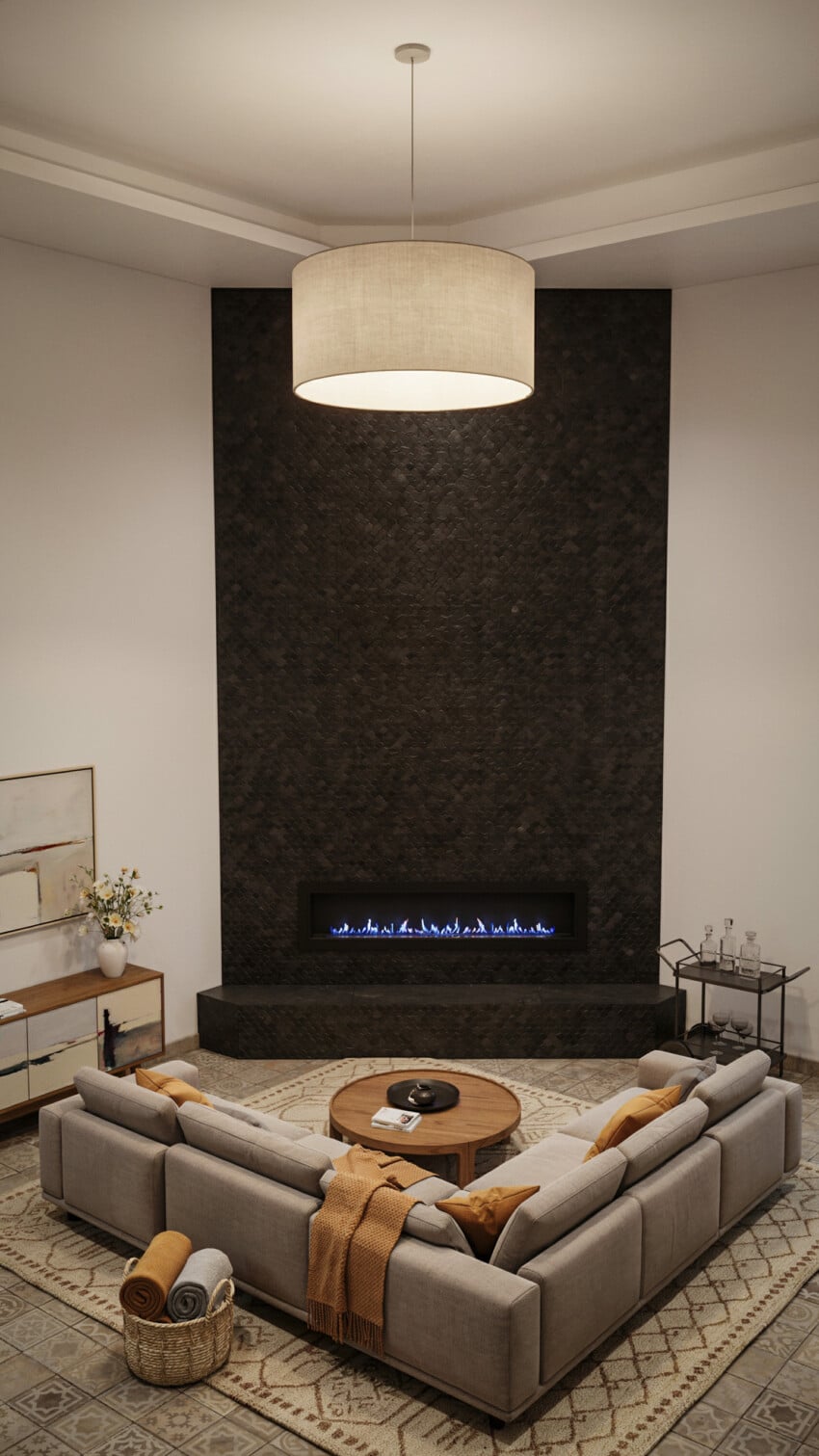 Corner Fireplace Design with Black Penny Mosaic Tile Wall