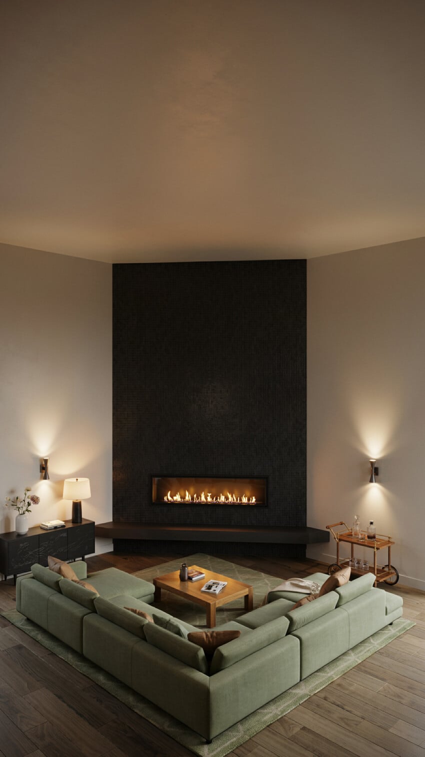 Corner Fireplace Design with Matte Black Penny Mosaic Tile