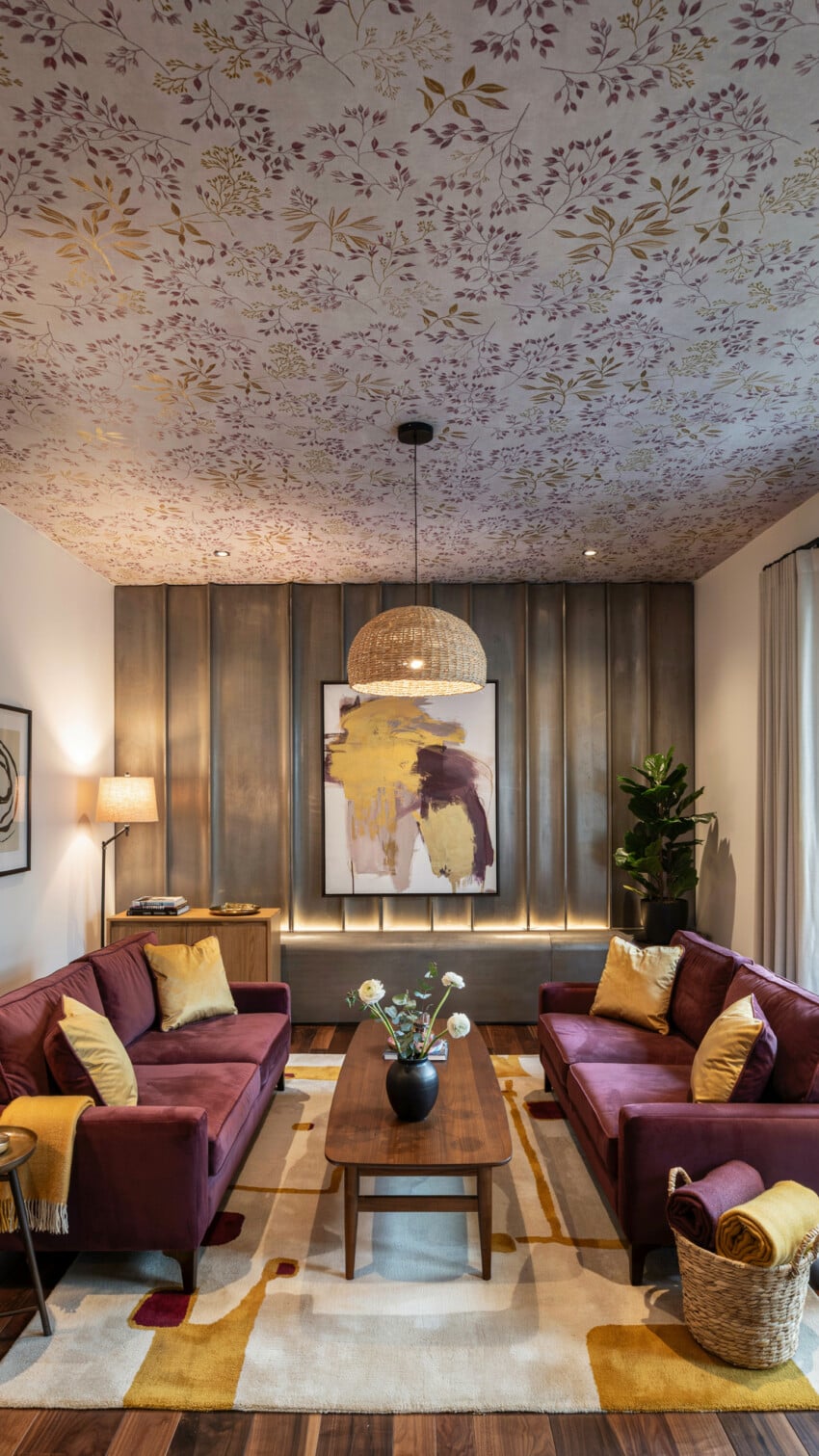 Fluted Bronze Accent Wall with Plum Velvet Sofas and Botanical Ceiling Wallpaper