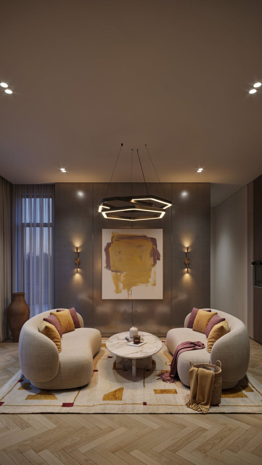 Taupe Plaster Accent Wall with Curved Boucle Sofas and Hexagonal Pendant