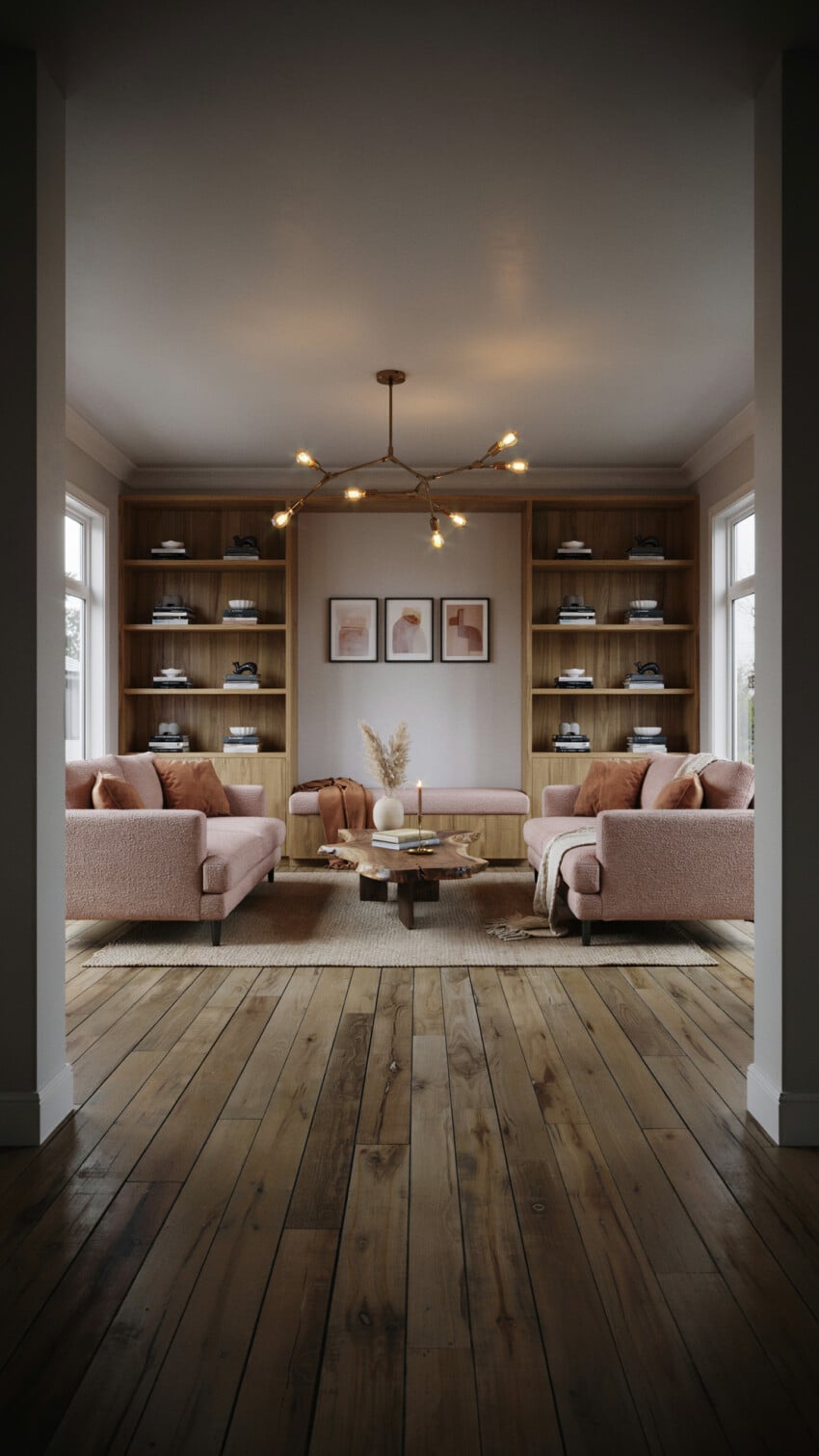 Small Living Room With Reading Nook and Built-In Shelving